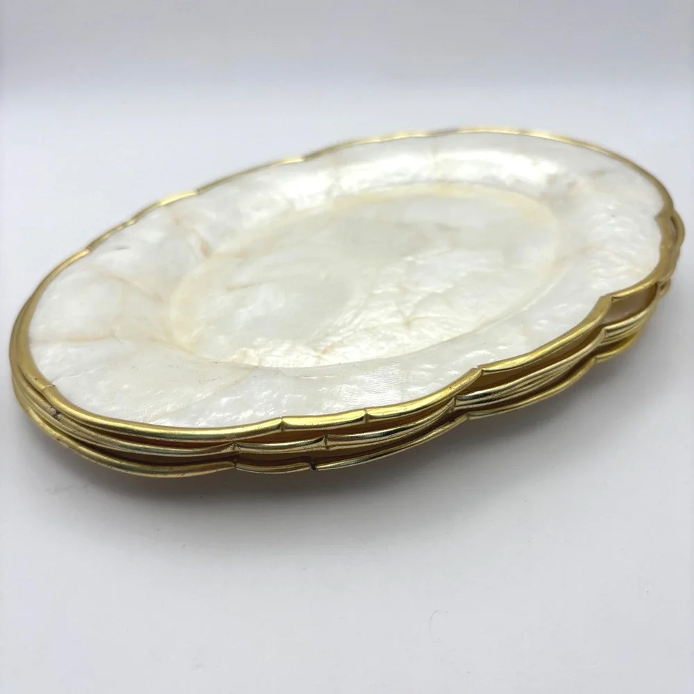 Vintage Mother of Pearl Capiz Shell Scalloped Gold Rim Oval Plates Set of 4